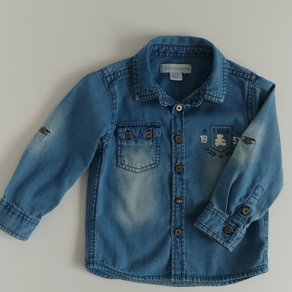 Lulu Castagnette Chambray Logo Bear Button-Down Shirt 18 Months